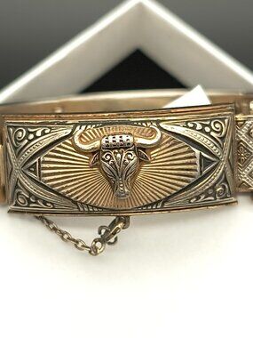Vintage Spanish Damascene Panel Bracelet Toledo Spain Bull & Lady with Fan Motif